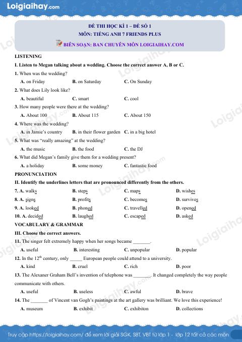 Đề thi học kì 1 Tiếng Anh 7 Friends Plus - Đề số 1
